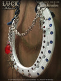 American Style Lucky Horseshoe is a shoe is full of American Pride and Patriotism with its ruby red, white diamond and cobalt blue Swarovski crystals and the gorgeous red glass heart and blue crystal beads that hang off one heel as an accent.