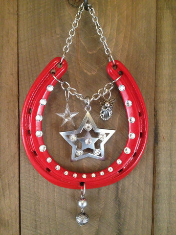 STARRY NIGHT Luck Adorned lucky HorseShoe Art is a glossy red shoe with a silver star centerpiece, a crystal star and a little angel to watch over you. 